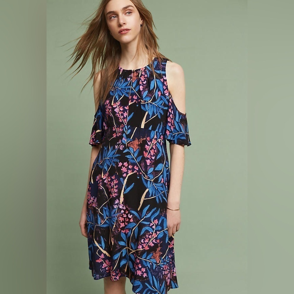 Anthropologie Maeve Open Shoulder Dress Floral Black A Line Size 10 and 6